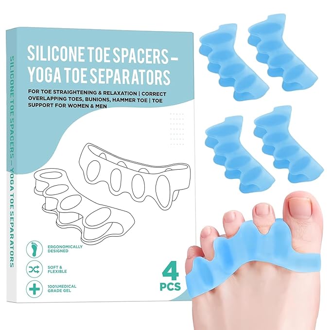4 Pcs Silicone Toe Spacers – Yoga Toe Separators for Toe Straightening & Relaxation | Correct Overlapping Toes, Bunions, Hammer Toe | Toe Support toe separators for Women & Men (Blue, 3.98)