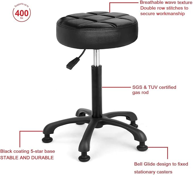 Height Adjustable Heavy Duty Stools Salon Stool Chair with Bell Glides for Home Bar Kitchen Office Shop Tattoo Lash Tech Pedicure (Black with Bell Glides, Height 22 to 30 in)