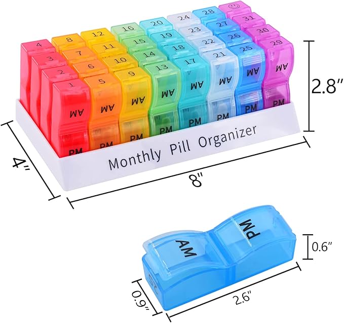 GREENCYCLE Monthly Pill Organizer 2 Times a Day, 30 Days Pill Box AM PM, 4 Week Pill Cases, One Month Pill Medicine Container Small Separate Compartments to Hold Vitamins, Fish Oil, Supplements