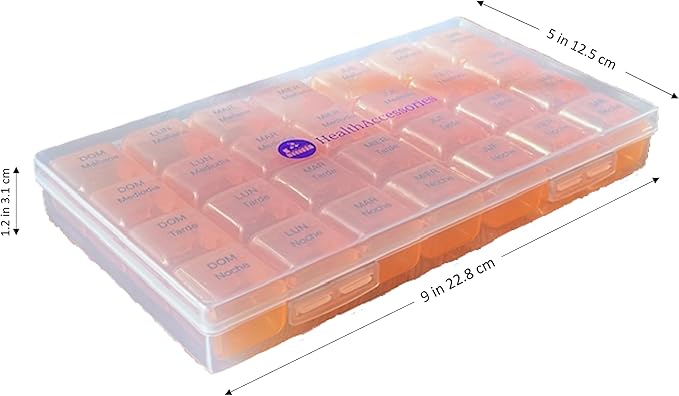 Spanish Pill Box 7 Day Four Times a Day Weekly Pill Planner Organizer - Large Compartment Pill Boxes Store medications for Entire Week. Cuatro veces al día Durante UNA semana.