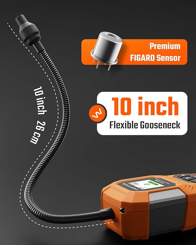 TopTes PT-356 Rechargeable Natural Gas Detector with 10 inch Goose Neck, Detection Range 0-20% LEL, 3 Alarm System Gas Leak Detector with 2 Display Modes for Methane, Butane at Home or Industry