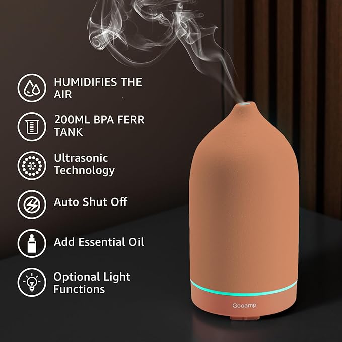 200ML Ceramic Essential Oil Diffuser - Ultrasonic Aromatherapy & Humidifier with 7-Color LED Lights, Auto Shut-Off, Brown, 1H/3H/6H Timer | Scent for Home,Office,Yoga