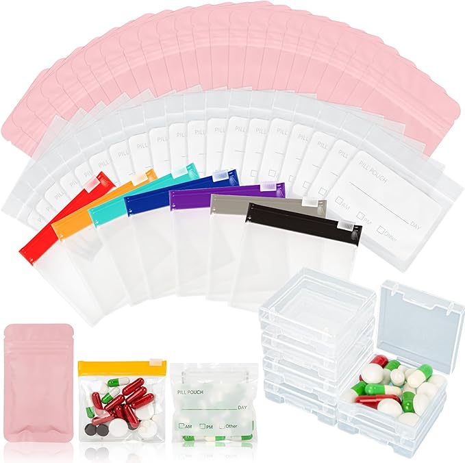 114PCS Travel Pill Organizer - RAINFLOW Bpa Free Pill Bags for Travel, Pack of 50 Clear Label Writing Baggies 50 Mylar Bags 7 Colors Small Ziplock Bag 7 Pill Box AM PM Supplements Baggies