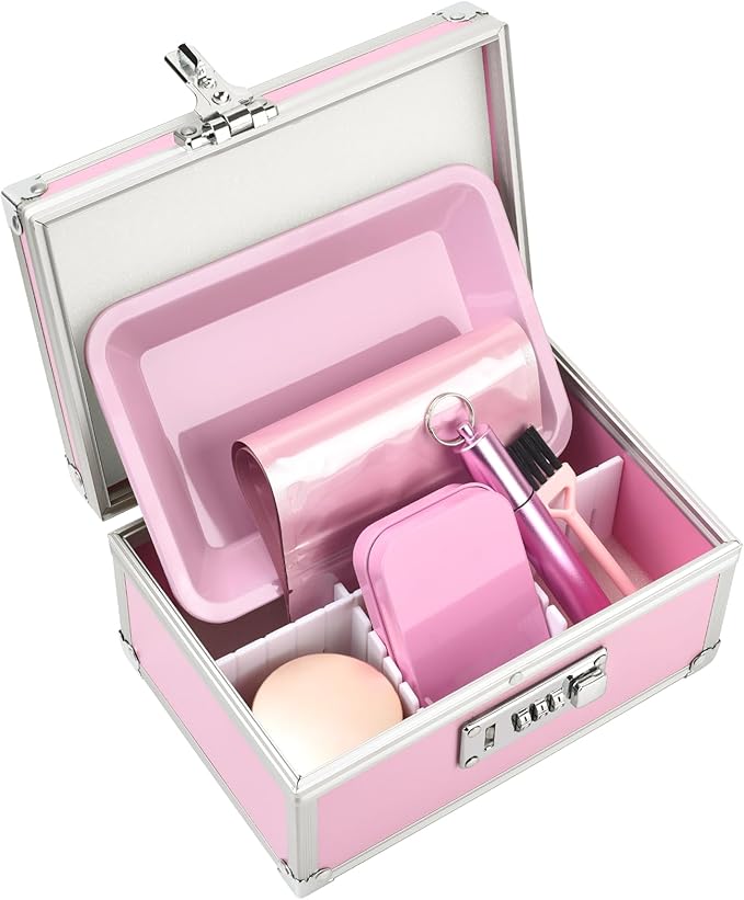 Travel Smell Proof Safe Locking Box With 6 PCS Accessories, Premium Medicine Organizers Case, Childproof Pill Box Organizer, Lock box for Valuables, Pink