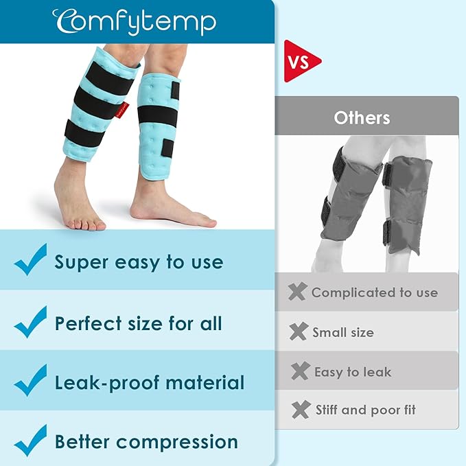 Comfytemp Calf Shin Splint Ice Packs for Injury Reusable, Elbow Gel Pad Wrap, Hot Cold Compression Freeze Sleeve for Swelling, Tendonitis, Knee, Leg, After Surgery, 2 Packs, S - M