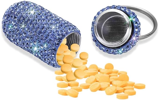 Portable Pill Case Pill Container Waterproof Pill Holder with Keychain Bling Pill Box Medicine Dispenser Bottle Storage for Outdoor Camping Travel (Sky Blue)