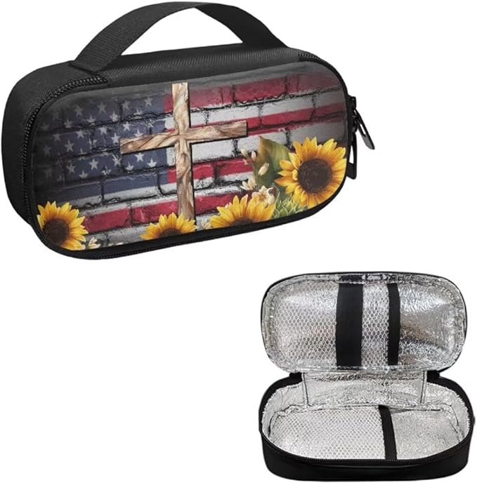 USA Flag Cross Diabetic Supplies Carrying Bag Insulin Travel Storage Case with Side Handle Insulin Pens Cooler Travel Bag for Medication Vials and Diabetes Testing Kit