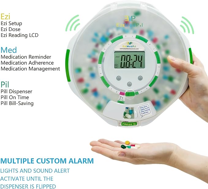 EziMedPil Automatic Pill Dispenser w/Sound & Light & Alarm, up to 6 Alarms/Day, 9 Dosage Templates, Easy-Read Display, Locked 28-Day Frosted Lid Medication Dispenser for Protecting Pills Privacy
