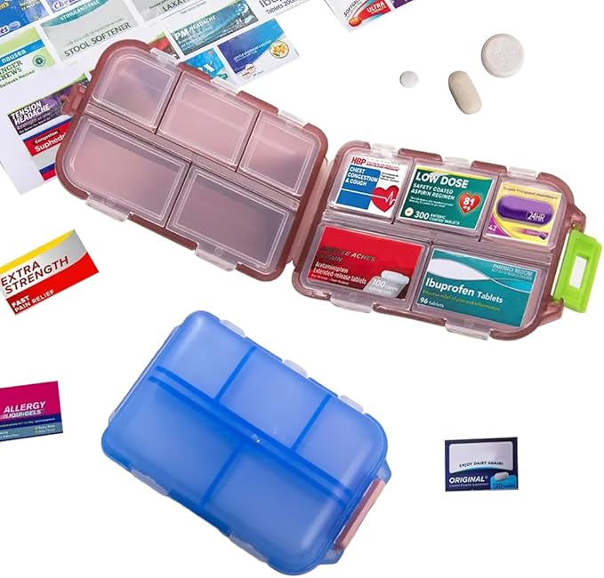 Compact Med Mate with DIY Labels Travel-Friendly Medication Wallet with Pocket-Sized Pill Compartments Pill Case with Lables(Blue)