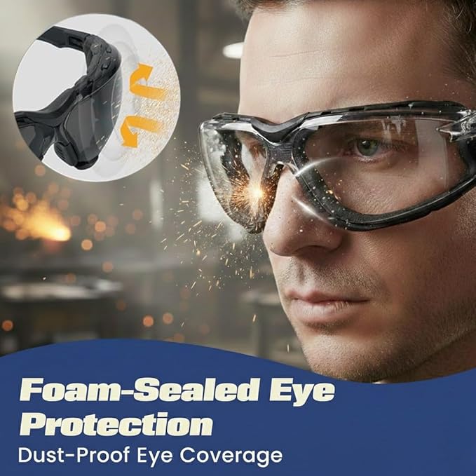 Flaya Adjustable Safety Glasses for Men & Women Anti-Fog ANSI Z87.1 UV400 Protection Goggles with Foam Seal & Strap