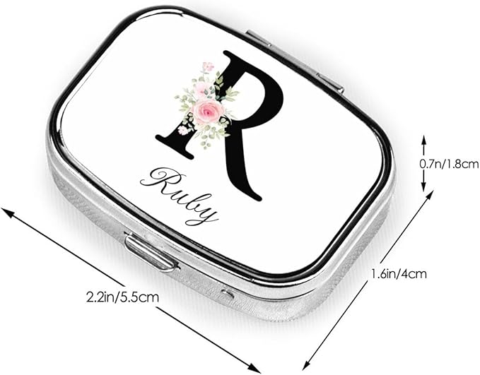 Custom Pill Box Personalized Square Small Pill Case with Mirror Add Your Photo Text Logo Name Decorative 2 Compartment Portable Metal Medicine Container Vitamin Organizer for Pocket Purse Travel (R)