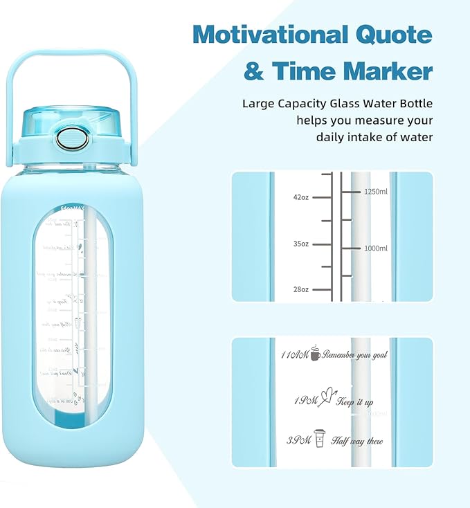 Glass Water Bottle with Straw and Handle Lid Half Gallon Motivational Glass Bottle with Silicone Sleeve and Time Marker Large Reusable Sports Water Jug for Gym Home Workout