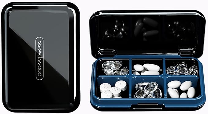 DUBSTAR Travel Pill Organizer Moisture Waterproof Small Pill Box for Pocket Purse 6 Compartments Portable Pill Case Medicine Vitamin Holder Container,Black