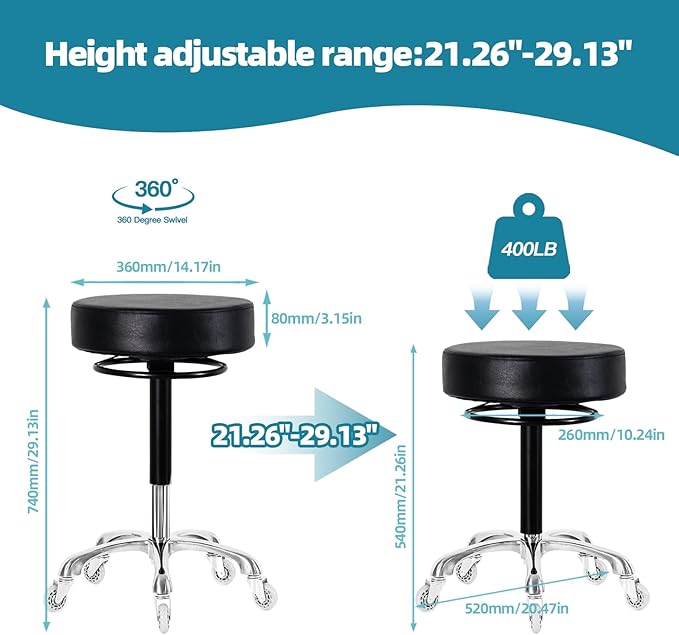 Swivel Rolling Stool Round Chair,Thick Sturdy Padding,Adjustable Stool with Wheels for Doctor(Black)