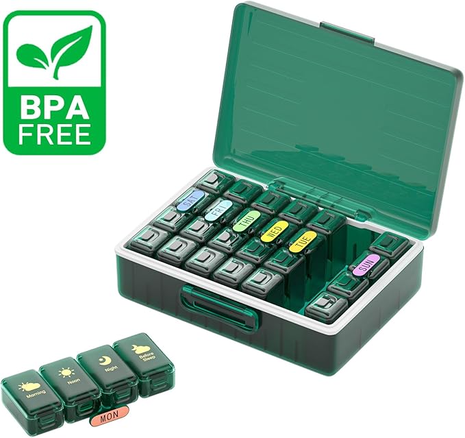 Weekly Pill Organizer 4 Times a Day, Large Compartments Pill Box 4X 7 Day, Medicine Organizer Pill Case for Pills/Vitamins/Fish Oils/Medication/Supplements (4x7 Dark Green)