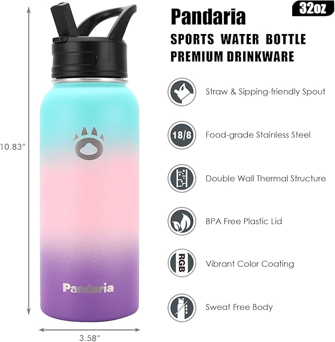 Insulated Water Bottle 32oz, Stainless Steel Water Bottle with Straw & Spout Lids & Paracord Handle | with Straw, Spout Lids, Paracord Handle