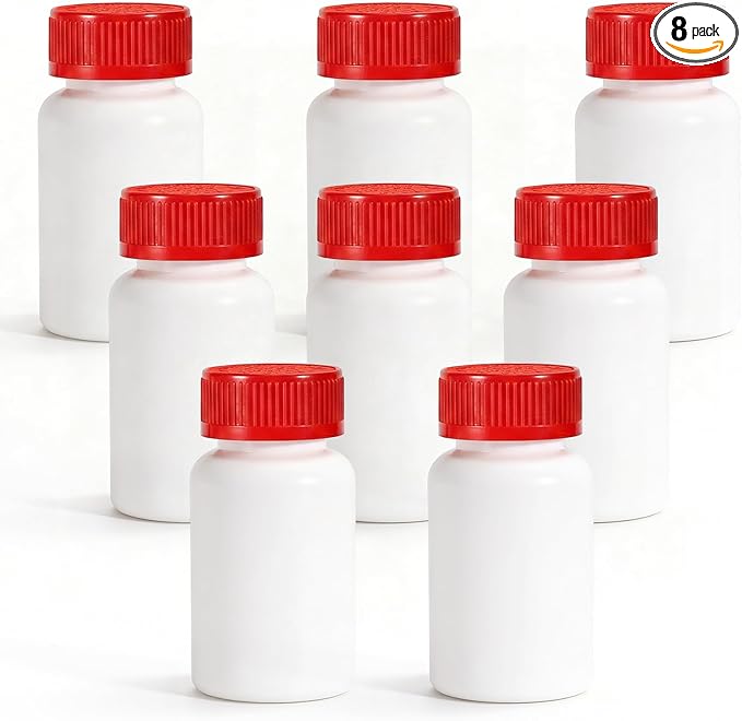 DEMORA Pill Bottle Empty with Child Resistant Cap, Wide Mouth Travel Small Pill Bottle Plastic Medicine Containiers Medicine Organizers for Medications Capsules (5 oz, 8 Pcs)