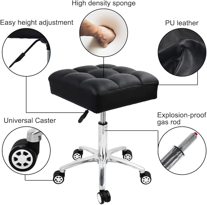 Rolling Stools Square Seat Thick PU Leather 360° Swivel Stool with Wheels Hydraulic Lift Height Adjustable Stool Chair for Home Kitchen Drafting Lab Office Salon Massage Stool（Black）