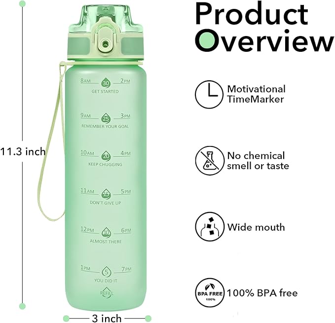32oz Water Bottle with Time Marker, Motivational Drinking Bottle with Strap, BPA-Free Leak-Proof, Encouraging Water Bottle Time to Drink Water for Gym School Office Travel