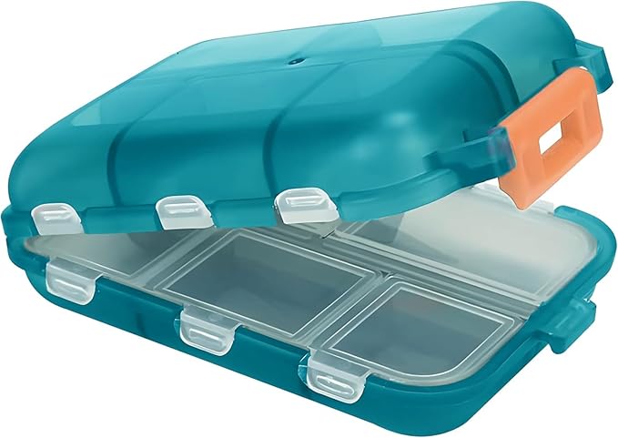 Travel Pill Box – Travel Pill Organizer – Compact Portable Pill Case with 10 Compartments – Pill Case for Purse, Pocket – Durable Daily Pill Organizer for Vitamins, Supplements (Peacock)