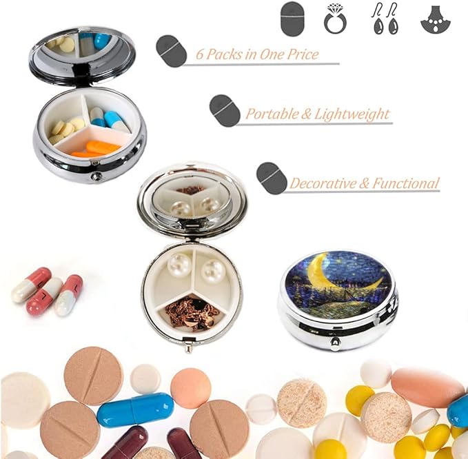 6Pcs Exquisite Pill Box Case, CREATIEE-PRO Portable Medicine Tablet Vitamin Holder Organizer with 3 Component for Purse Pocket Travel - Practical & Fashionable