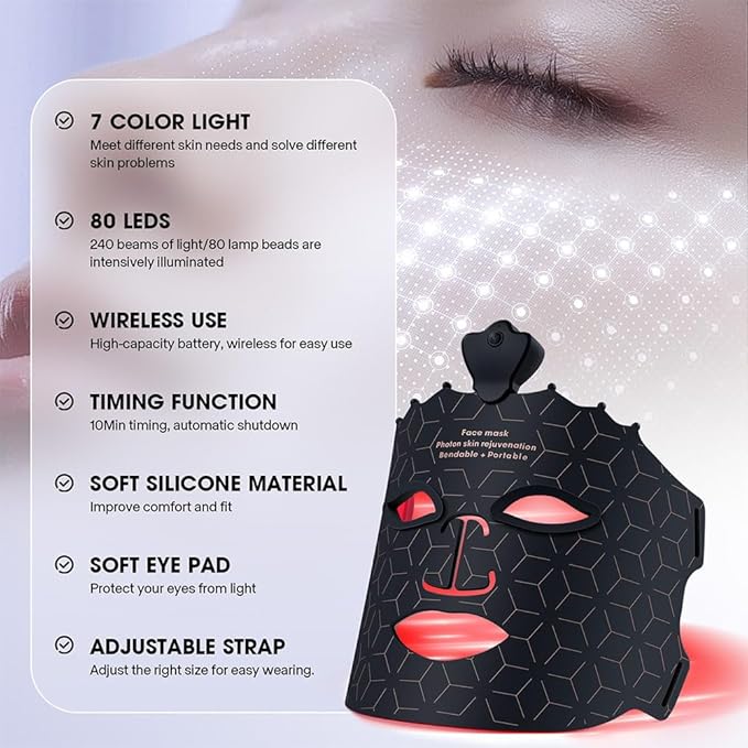 7 Colors Light Mask For Skin Care, Red Light For Face, Type-C Rechargeable Silicone Beauty Mask For Home (Black)