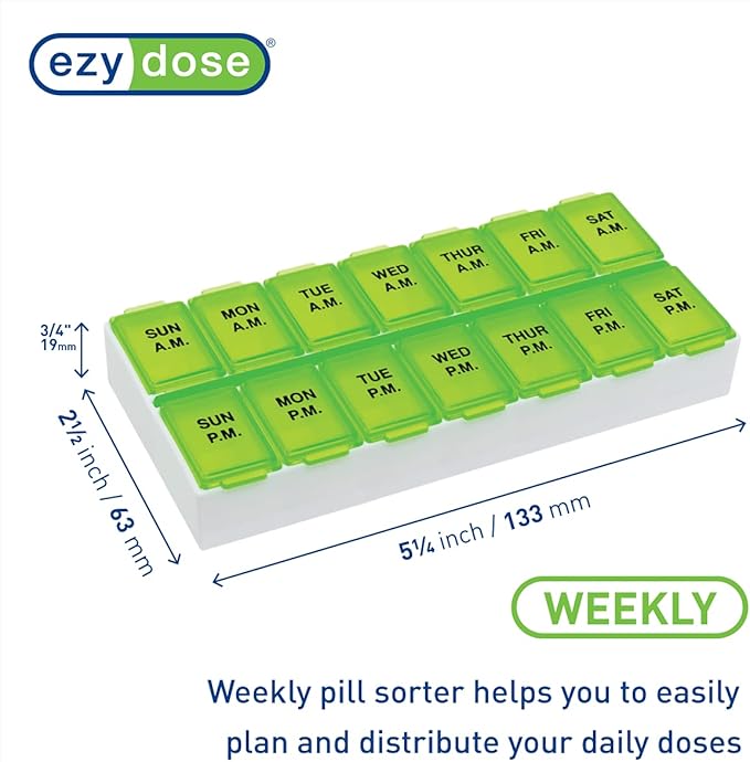 Ezy Dose Weekly (7-Day) Daily AM/PM Pill Organizer, Vitamin Planner, and Medicine Container, Case for Supplements and Fish Oils, Medium Compartments, 2 Times a Day, Green, BPA Free