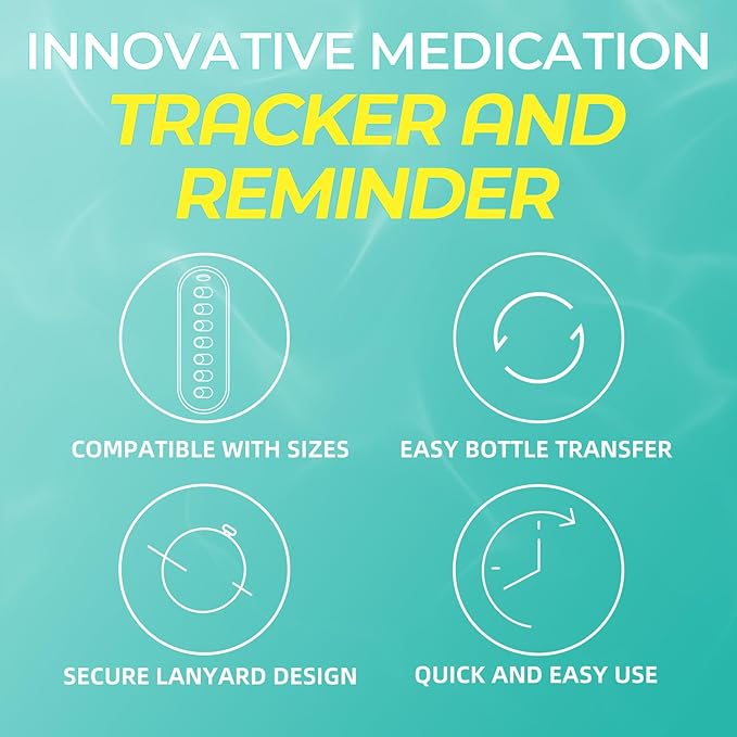 Odaro 4 Pack Pill Reminder, Lanyad or Sticker Pill Tracker, Work with Most Bottles, Reusable Medication Tracker Replacement of Vitamin Weekly (7 Day) Medicine Organizer