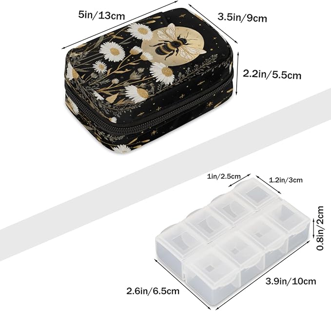 Bees Wild fowers Pill Case Everyday Travel, 7 Day Weekly Medicine Pill Box Compact Portable Pills Bottle Organizer with Zipper for Daily Vitamin Medicine Holder Bottle Organizers Bag