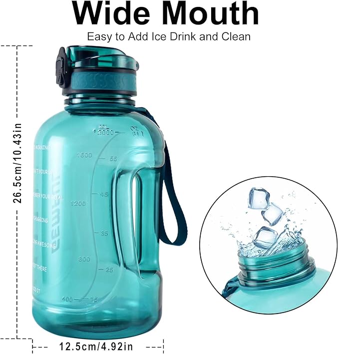 GEMFUL 64oz Motivational Water Bottle with Handle 2L Large Sports Jug for Gym Fitness Time Marker No Straw Leak Proof BPA Free (Cyan)