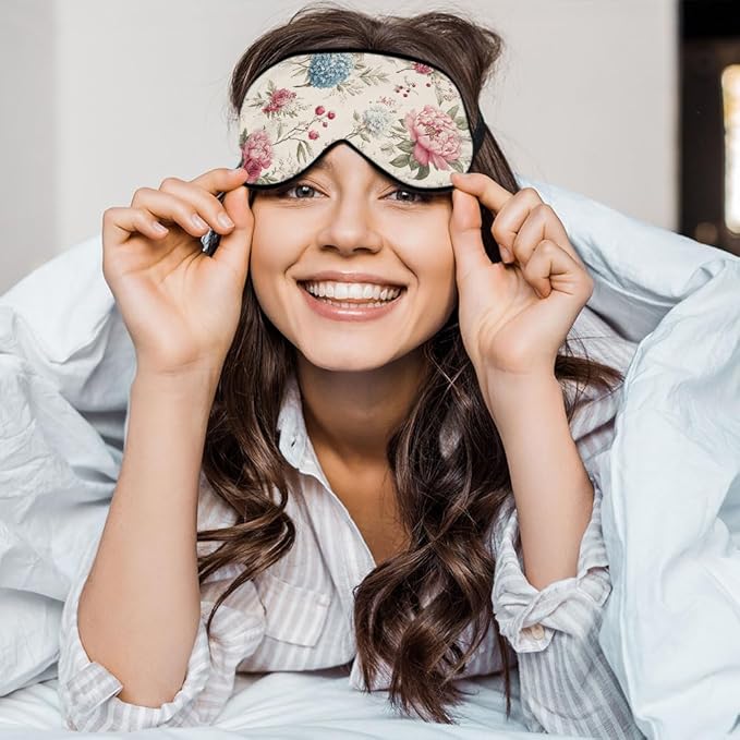 Watercolor Flowers Silk Eye Mask Sleep Mask Blue Pink Flowers Garden Spring Summer Nature Eye Mask with Adjustable Strap Lightweight for Women Work Travel Night Sleep