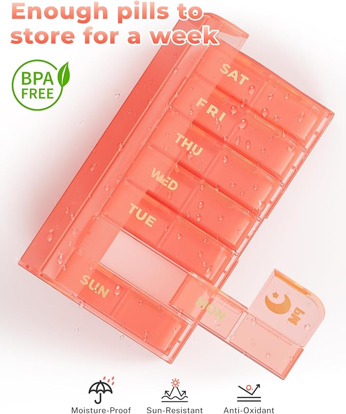 Weekly Pill Organizer 2 Times a Day, 7 Day AM/PM Pill Box, Portable Medication Dispenser with Child-Resistant Latch, BPA-Free, Travel, Office, Pets, Emergency Use (Pink)