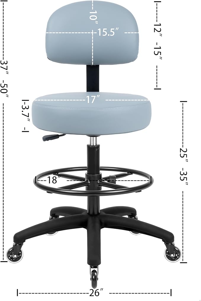 TAKE UR SEAT® Economical Multi-Purpose Medical Spa Drafting Stool with Adjustable seat and Back Height. Advanced Fabric seat Cover is Easy to Clean. Blade Wheels (Tall Bench Height Grey)