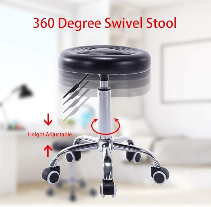 PU Leather Round Rolling Stool with Foot Rest Swivel Height Adjustment Medical Spa Drafting Salon Tattoo Work Office Massage Stools Task Chair,Seat Height:18.9”-22.83”/Weight Capacity:220lb (Black)