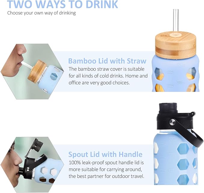 MUKOKO Glass Water Bottles,32oz Glass Tumbler with Straw,Drinking Bottles with 2 Lids-Handle Spout Lid&Bamboo Straw Lid,Motivational Water Bottle with Time Marker and Silicone Sleeve,1 Pack-Glacier