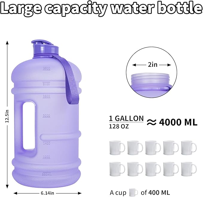 TOOFEEL 1 Gallon Water Bottle,Leakproof,Bpa Free,Dishwasher Safe,128 oz Large Water Jug wiht Handle,Travel & Camping & Sports & Gym Water Bottle For Men and Women - Matte Violet