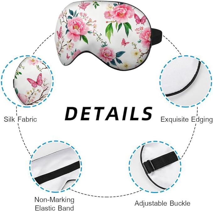 Pink Cherry Eye Mask Sleeping Mask Flower Peony Plum Branches Flying Butterflies Sleep Masks Silky Soft Eye Cover for Women Men Shading Blindfold for Air Travel Sleeping