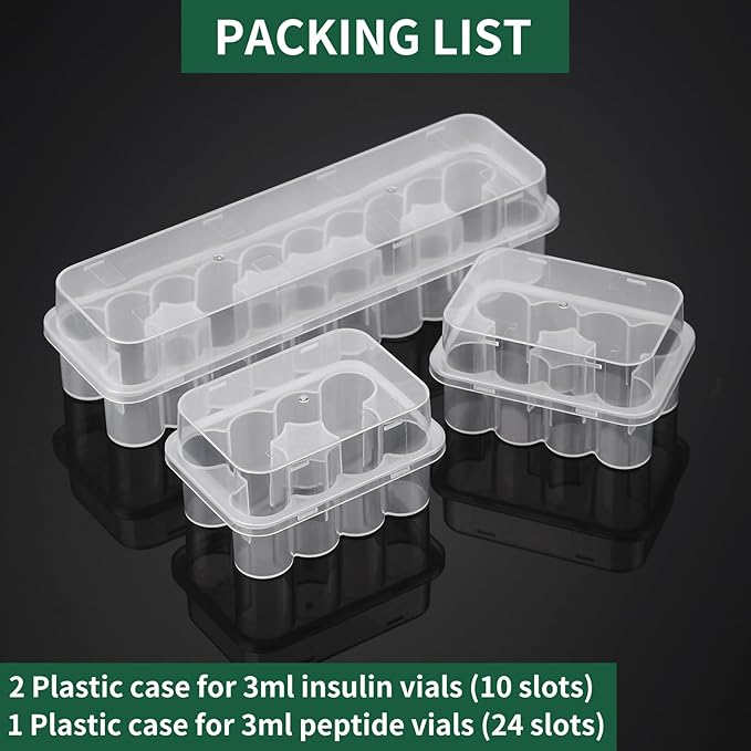 3-Pack Peptide Case for Fridge (2*10+24 Slots),3mL Vial Holder for Refrigerator Organized Storage,44-Slot Insulin & Peptide Organizer Set,Semi-Transparent Medical Vial Storage Case for Diabetic Care