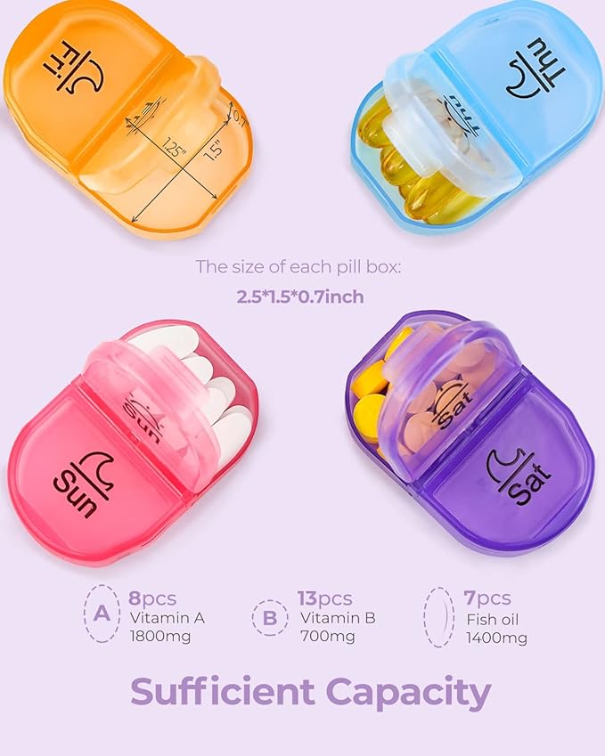 Cute Pill Organizer 2 Times a Day, PU Leather Pill Case for Women, Portable Weekly Pill Box for Purse with Storage Bag to Hold Vitamins, Medications, Fish Oils, Supplements (Purple)