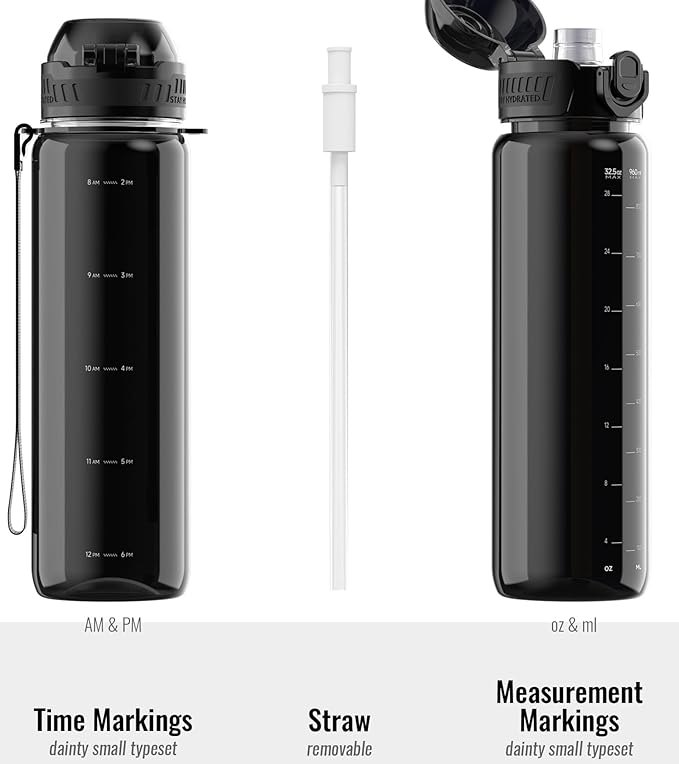 32oz/1L Sport Water Bottle, Light Tritan, Quick-Open Chug Lid/Straw 2-in-1, Leak-Proof, Dishwasher-Safe, BPA-Free, Drop-Resist & Scratch-Resist for Travel/Gym/Office (Black Minimalism)