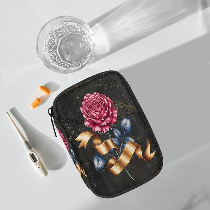 Beautiful Rose Art Pill Case Travel Pill Organizer Weekly 7 Day Portable with Zipper Medicine Box Pill Case for Vitamins, Birth Control,Fish Oils,Medication, Supplements