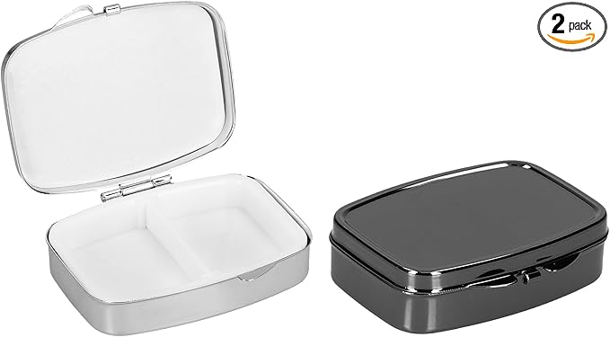kwmobile 2 Compartment Pill Box - Set of 2X Stainless Steel Travel Box Organizer for Tablets and Prescriptions - Silver/Black