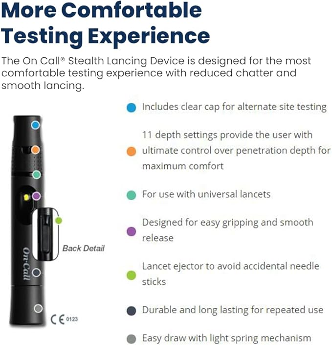 Stealth Adjustable Lancing Device for Blood Glucose Testing by On Call, 11 Depth Settings to Minimize Pain, Pen for Diabetes Monitoring