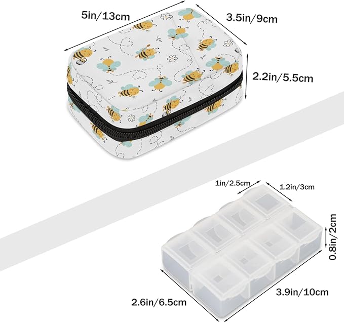 Bee Decoration Cute Flowers Pill Case Everyday Travel, 7 Day Weekly Medicine Pill Box Compact Portable Pills Bottle Organizer with Zipper for Daily Vitamin Medicine Holder Bottle Organizers Bag