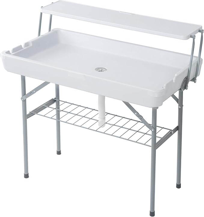 Allpop 2 Tiers Folding Ice Cooler Table with Matching Skirt, Portable Party Table with Grid Rack & Drain Hose for Patio Picnic Camping Wedding, White
