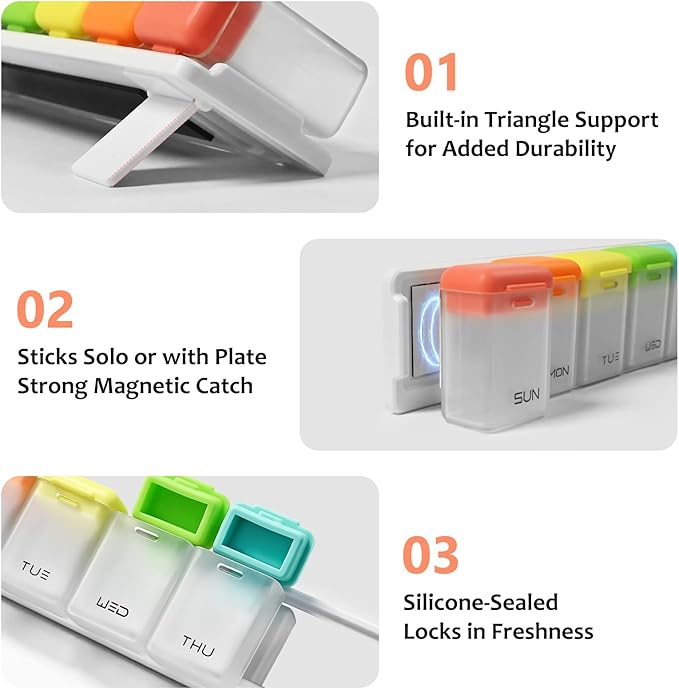 Fridge Magnetic Weekly Pill Organizer, Easy Open Daily Reminder Waterproof Pill Box for Vitamins, Travel & Daily Use (White)