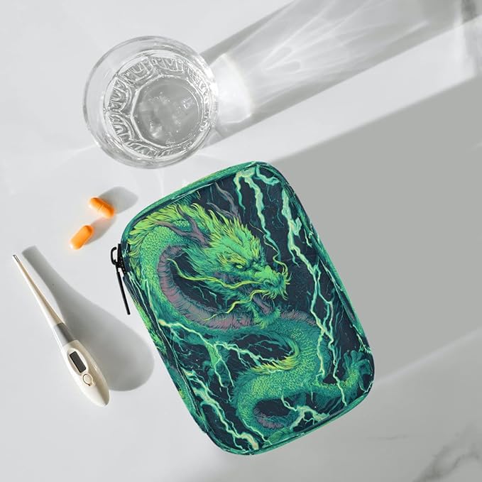 Abstract Green Dragon Pill Case Travel Pill Organizer Weekly 7 Day Portable with Zipper Medicine Box Pill Case for Vitamins, Birth Control,Fish Oils,Medication, Supplements