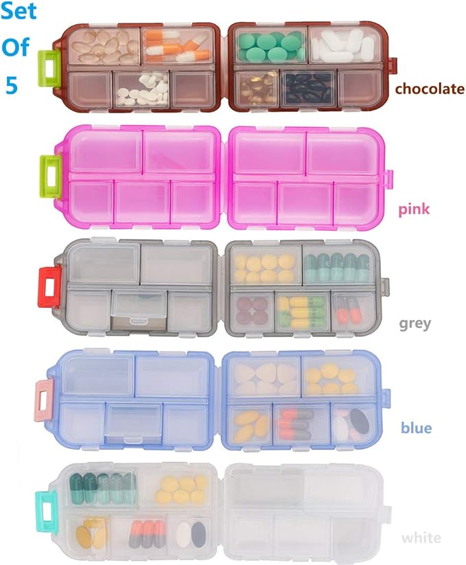 Pill Case (5 Pack) - Portable Small Supplements Tablet Container Box with 10 Compartments - Medicine Capsule Vitamin Fold Flip Organizer Dispenser Holder Storage for Travel Trip Pocket Purse