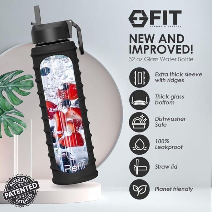 FIT Strong & Healthy 32 oz Glass Water Bottle with Straw Lid - Wide Mouth Borosilicate Glass Water Bottles with Time Marker, Silicone Sleeve & Extra Lid - 1L Large Motivational Drinking Bottle