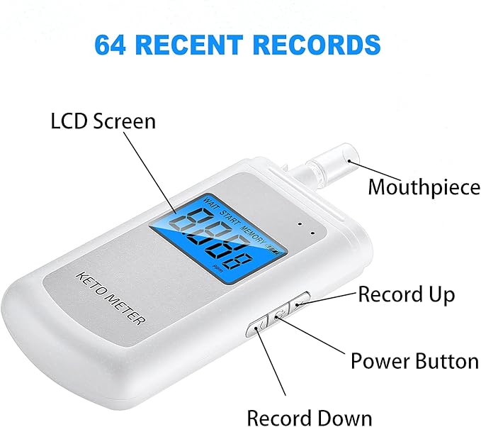 Ketone Breath Analyzer Professional Rechargeablel Ketone Breath Meter Portable Digita Ketone Breath Tester with 10 Replaceable Mouthpieces for Ketogenic Diet Testing with 10 Mouthpieces